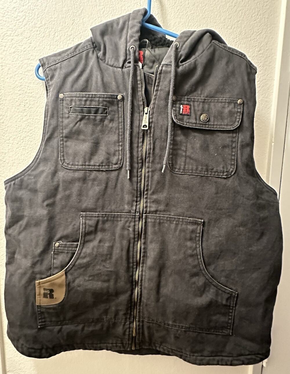 Wrangler Riggs Workwear Men's XL Gray Hooded Zip Vest Pockets Cotton Solid